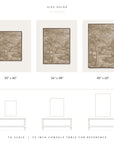 size guide chart showing three framed wall art prints with different dimensions labeled 30" x 40", 36" x 48", and 40" x 60", plus line drawings of console tables for scale on a white background.
