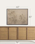 a framed wall art print with a beige and brown tree design, shown above a wooden sideboard with woven cane doors. white dimension lines indicate the artwork is 40 by 30 inches, and the sideboard is 74 by 56 inches. 