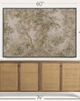 a framed botanical wall art print shown above a wooden sideboard with woven cane doors, with dimension labels indicating 60 inches wide by 40 inches tall and the sideboard 74 inches wide. 