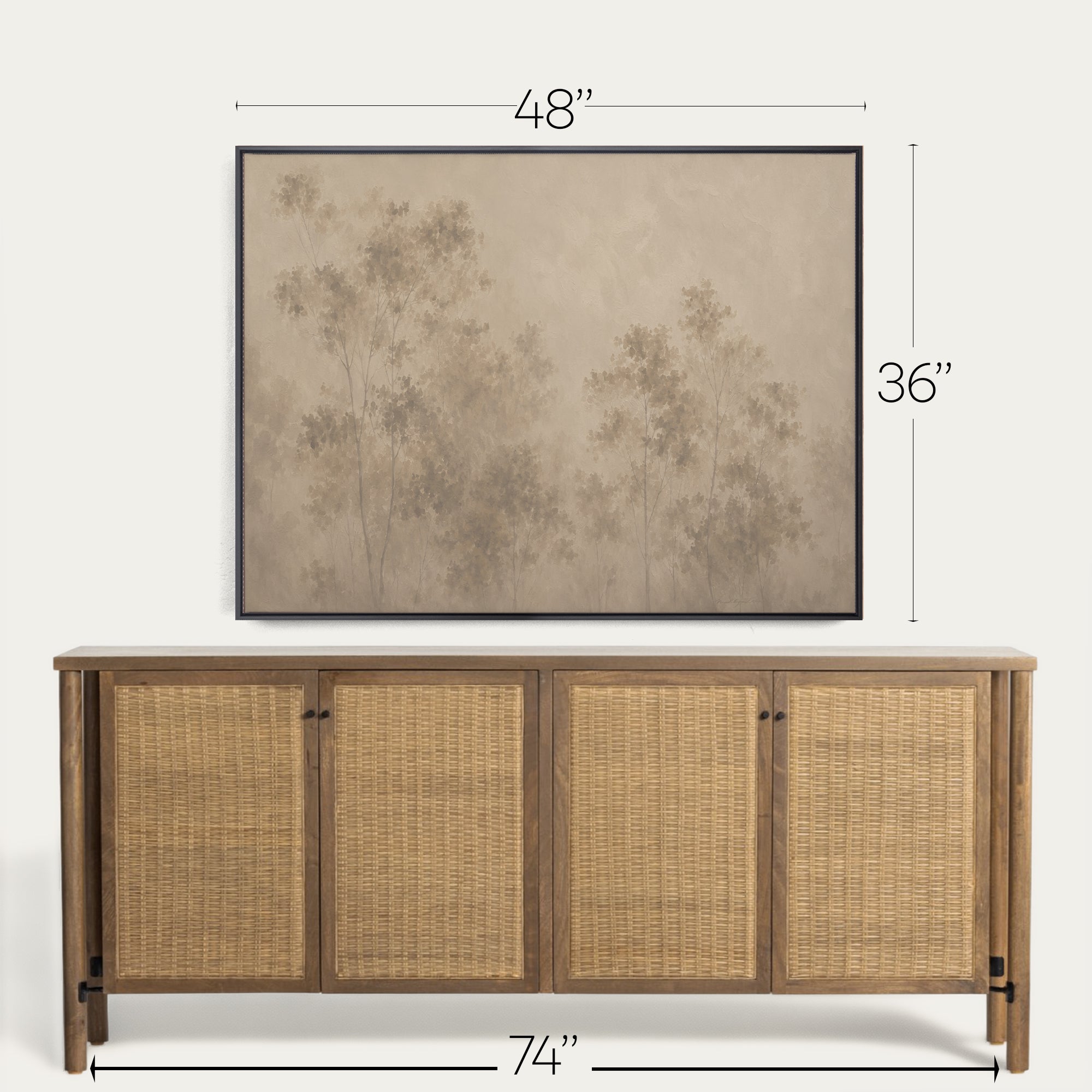 A framed wall art print with a beige and brown tree design, shown above a wooden sideboard with woven cane doors. White dimension lines indicate the artwork is 48 by 36 inches, and the sideboard is 74 by 74 inches. 
