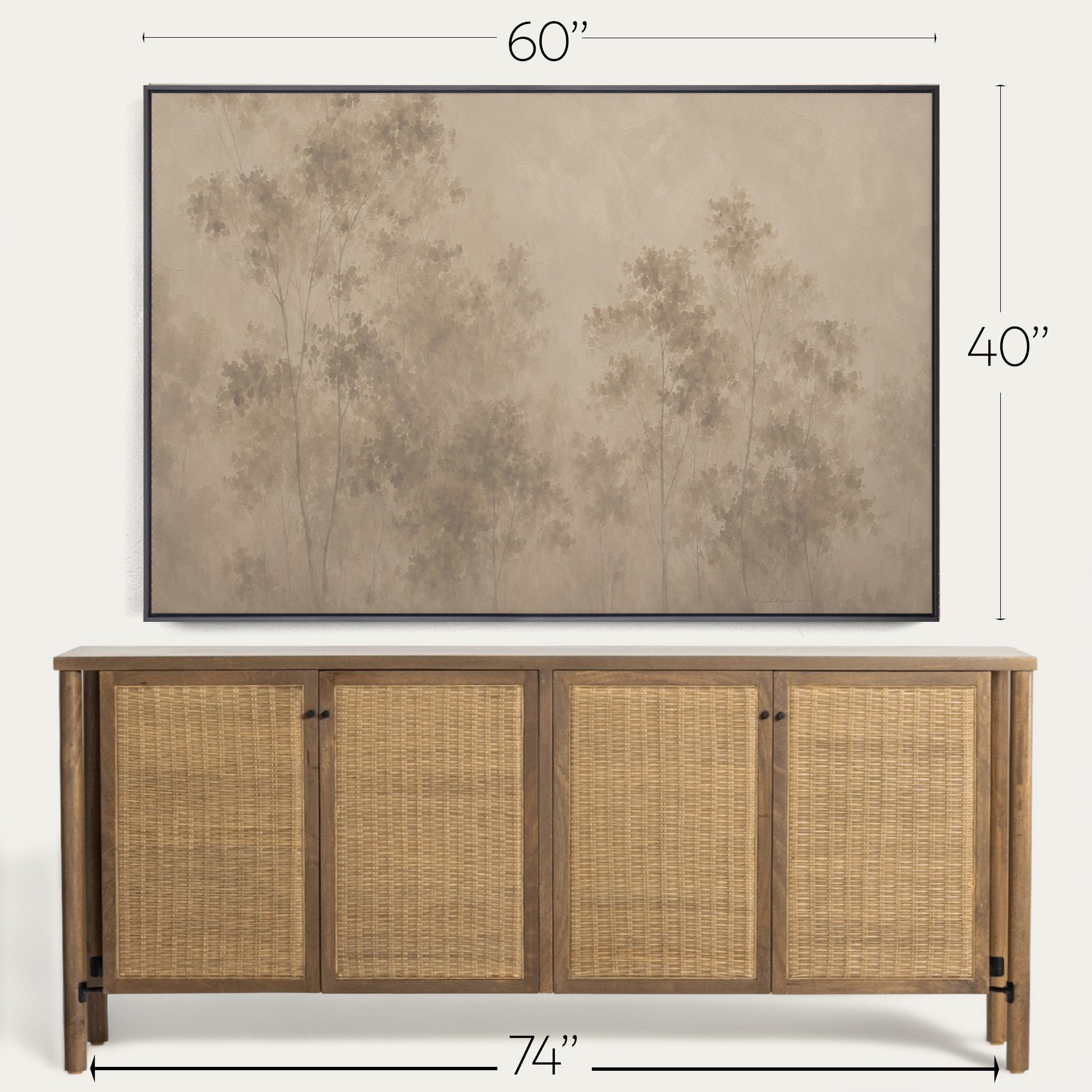 A framed wall art print showing a muted beige forest scene, displayed above a wooden sideboard with woven cane doors. Dimension lines indicate the artwork is 60 by 40 inches and the sideboard is 74 by 74 inches. 