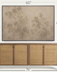 a framed wall art print showing a muted beige forest scene, displayed above a wooden sideboard with woven cane doors. dimension lines indicate the artwork is 60 by 40 inches and the sideboard is 74 by 74 inches. 