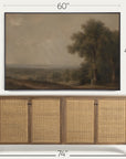 a framed landscape painting shown above a wooden credenza, with dimension labels indicating 60 inches wide, 40 inches tall, and 74 inches deep. 
