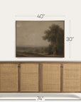 a framed landscape painting shown above a wooden sideboard with woven cane doors, with dimension lines indicating 40 inches wide, 30 inches tall, and 74 inches deep. 