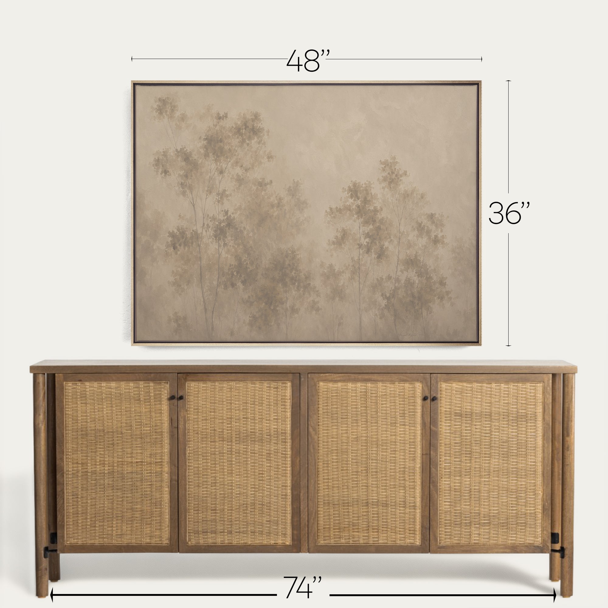 A wooden sideboard or credenza with four woven cane doors, shown below a matching framed wall art piece. Black dimension lines and text indicate the furniture is 74 inches wide and the wall art is 48 inches wide by 36 inches high, on a light neutral background. 