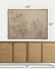 a wooden sideboard or credenza with four woven cane doors, shown below a matching framed wall art piece. black dimension lines and text indicate the furniture is 74 inches wide and the wall art is 48 inches wide by 36 inches high, on a light neutral background. 