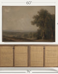 a framed landscape painting shown above a wooden sideboard with woven cane doors, with dimension labels indicating 60 inches wide, 40 inches tall, and 74 inches deep. 