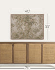 a wooden sideboard or credenza with four woven cane doors, shown below a matching framed wall art piece. white dimension lines and text indicate the furniture is 74 inches wide and 30 by 40 inches tall against a light neutral background. 