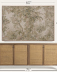 a large framed floral wall art piece shown above a wooden sideboard with woven cane doors, with dimension labels indicating 60 inches wide, 40 inches tall, and 74 inches deep. 
