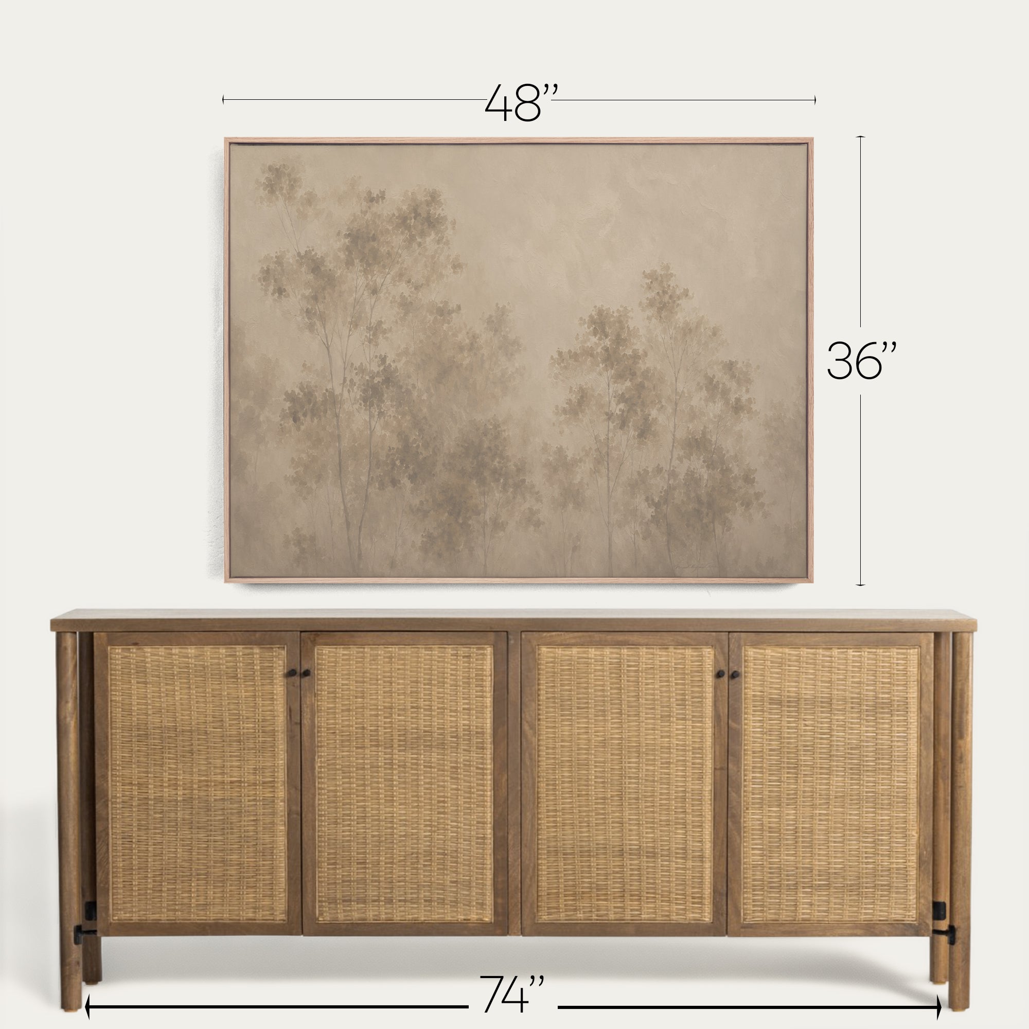 A wooden sideboard or credenza with four woven cane doors, shown below a matching framed wall art piece. White dimension lines and text indicate the furniture is 74 inches wide and the wall art is 48 by 36 inches, on a light neutral background. 