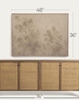a wooden sideboard or credenza with four woven cane doors, shown below a matching framed wall art piece. white dimension lines and text indicate the furniture is 74 inches wide and the wall art is 48 by 36 inches, on a light neutral background. 