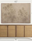 a framed wall art print showing a muted beige and brown forest scene, displayed above a wooden sideboard with woven cane doors. dimension labels indicate 60 inches wide, 40 inches tall, and the sideboard 74 inches wide. 