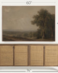 a framed landscape painting shown above a wooden sideboard with woven cane doors, with dimension labels indicating 60 inches wide, 40 inches tall, and 74 inches deep. 