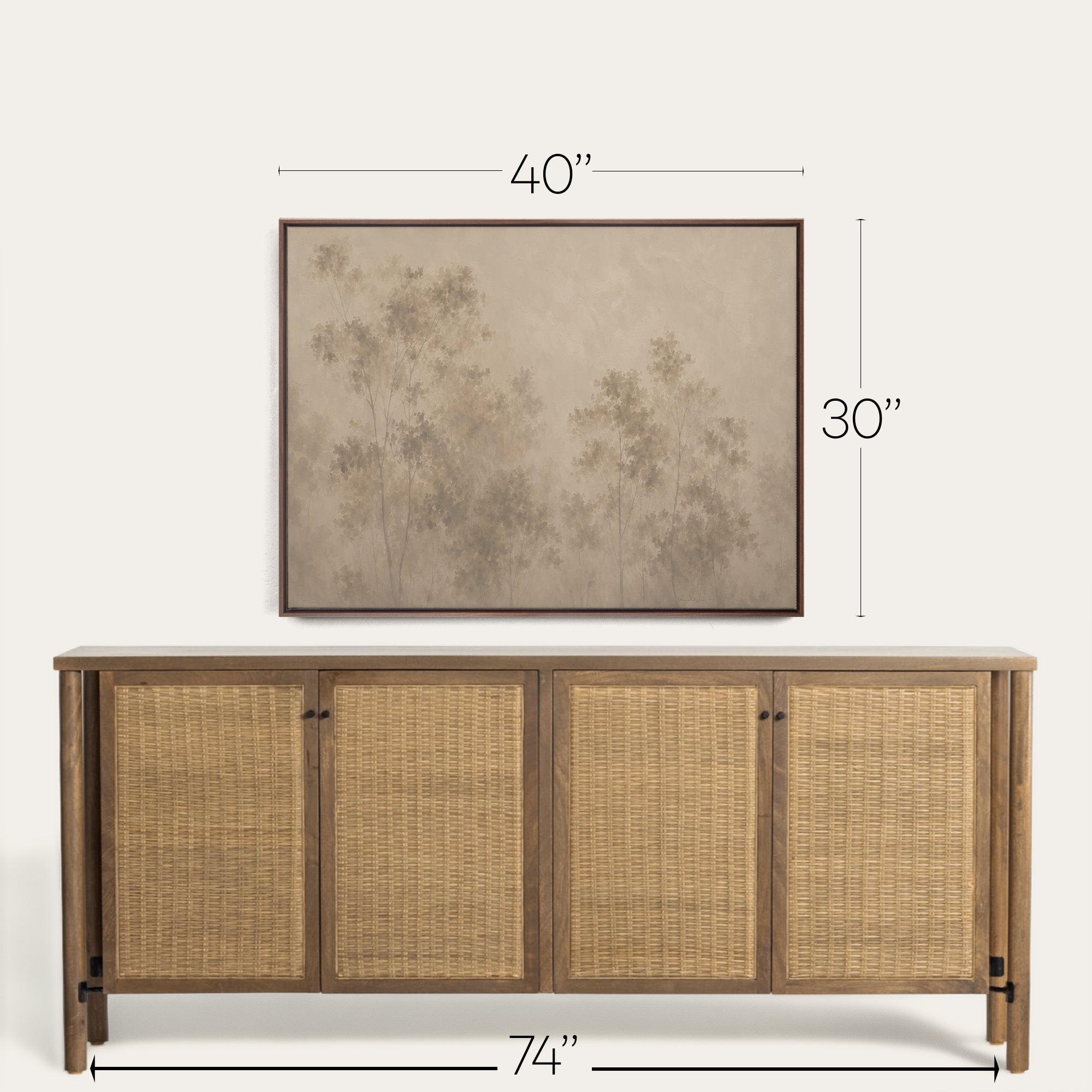 A framed wall art print with a botanical tree design in muted beige and brown tones, shown above a wooden sideboard with woven cane doors. White dimension lines indicate the artwork is 40 by 30 inches, and the sideboard is 74 by 74 inches. 