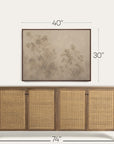 a framed wall art print with a botanical tree design in muted beige and brown tones, shown above a wooden sideboard with woven cane doors. white dimension lines indicate the artwork is 40 by 30 inches, and the sideboard is 74 by 74 inches. 