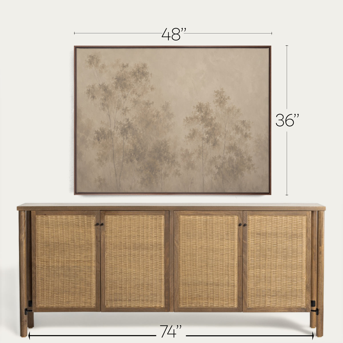 A framed wall art print with a muted tree design is shown above a wooden sideboard with woven cane doors. White dimension lines and text indicate the artwork is 48 by 36 inches, and the sideboard is 74 by 108 inches. 