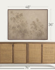 a framed wall art print with a muted tree design is shown above a wooden sideboard with woven cane doors. white dimension lines and text indicate the artwork is 48 by 36 inches, and the sideboard is 74 by 108 inches. 