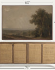 a framed landscape painting shown above a wooden sideboard with woven cane doors, with dimension labels indicating 60 inches wide, 40 inches tall, and 74 inches deep. 