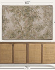 a large framed wall art piece with a floral tree pattern in muted beige, green, and taupe tones, shown above a wooden sideboard with woven cane doors. dimension lines indicate the artwork is 60 inches wide by 40 inches high, and the sideboard is 74 inches wide. 