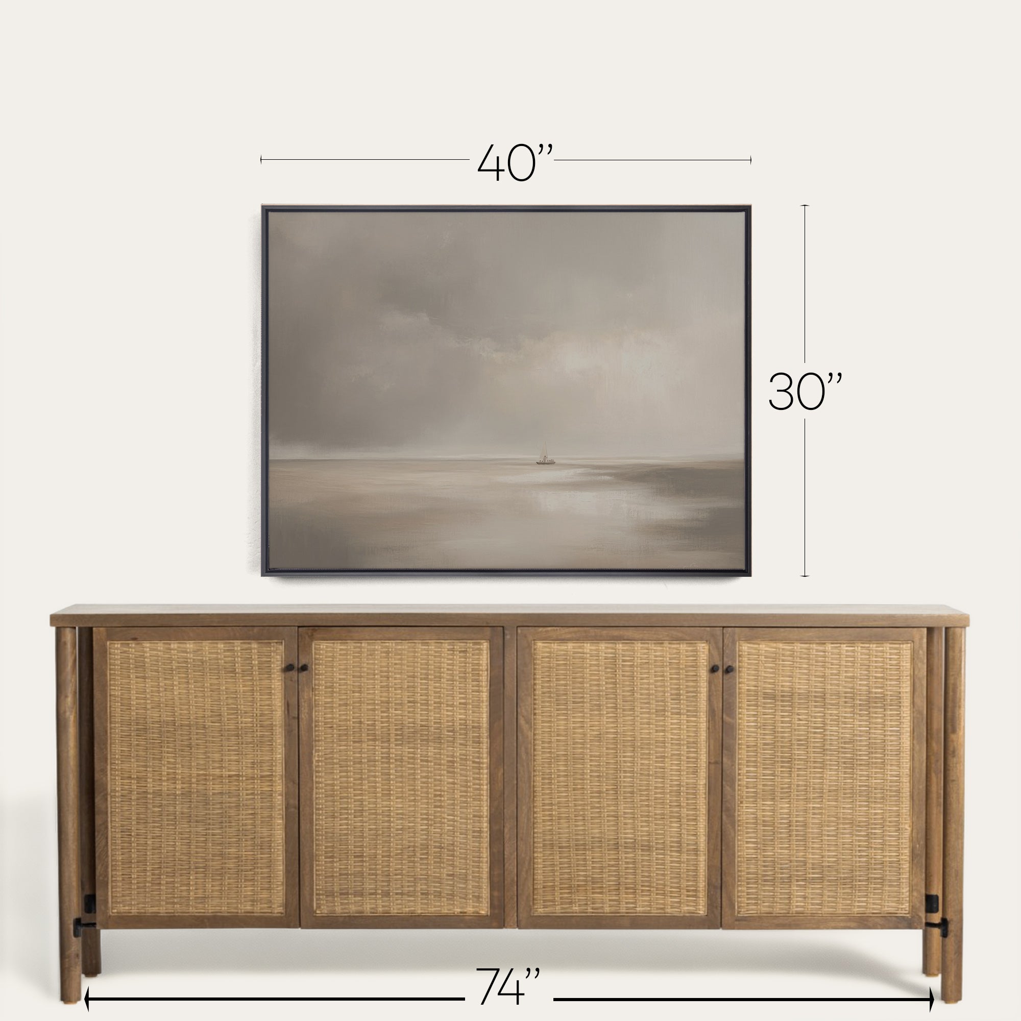 Wooden sideboard with wicker doors and mounted television displaying a nature scene, with dimensions indicated. 