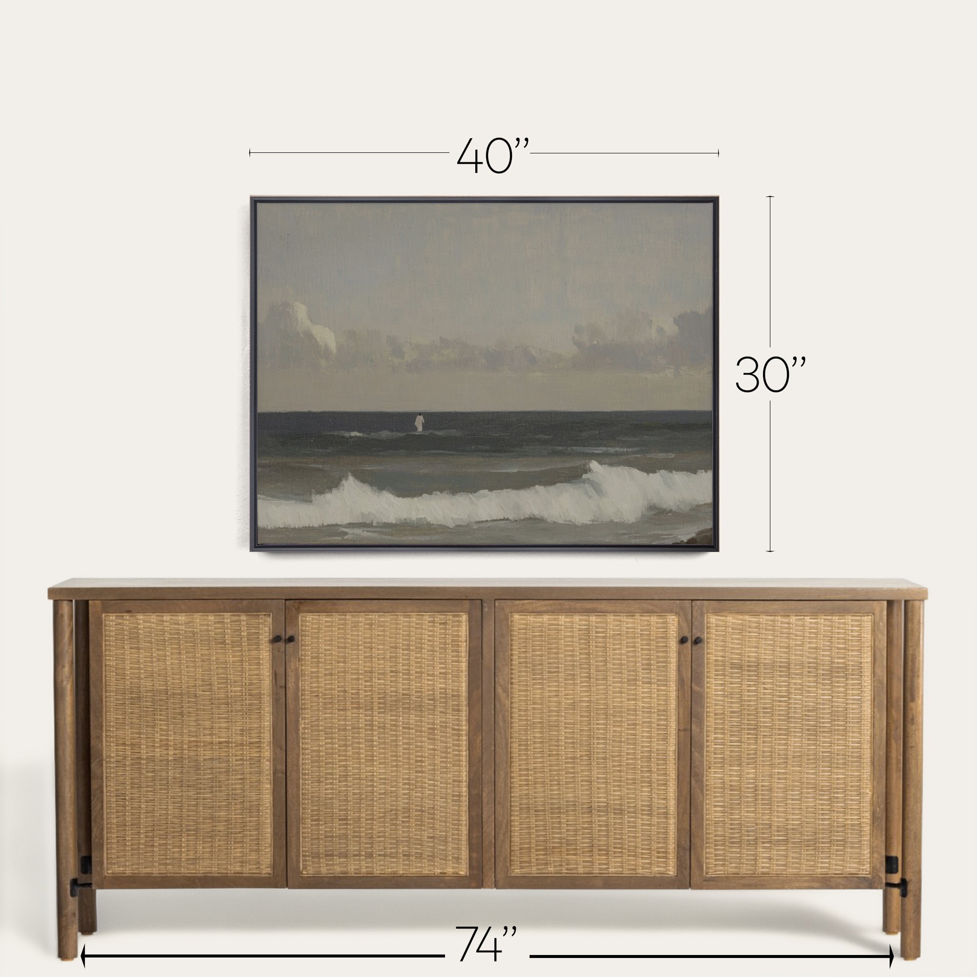 Wooden sideboard with wicker doors and a framed artwork above it, with dimensions indicated. 
