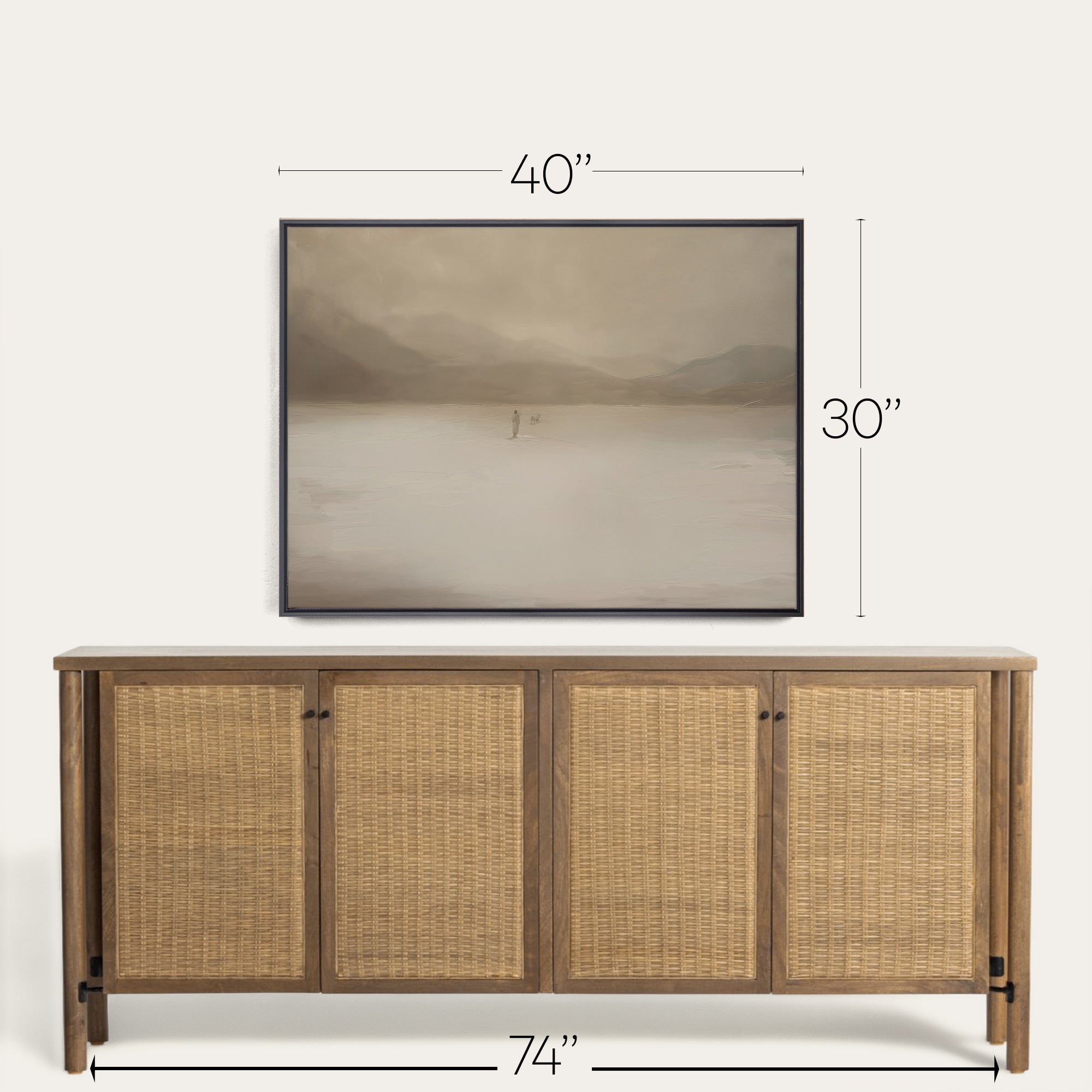 Wooden sideboard with wicker doors and mounted TV above, with dimensions indicated. 