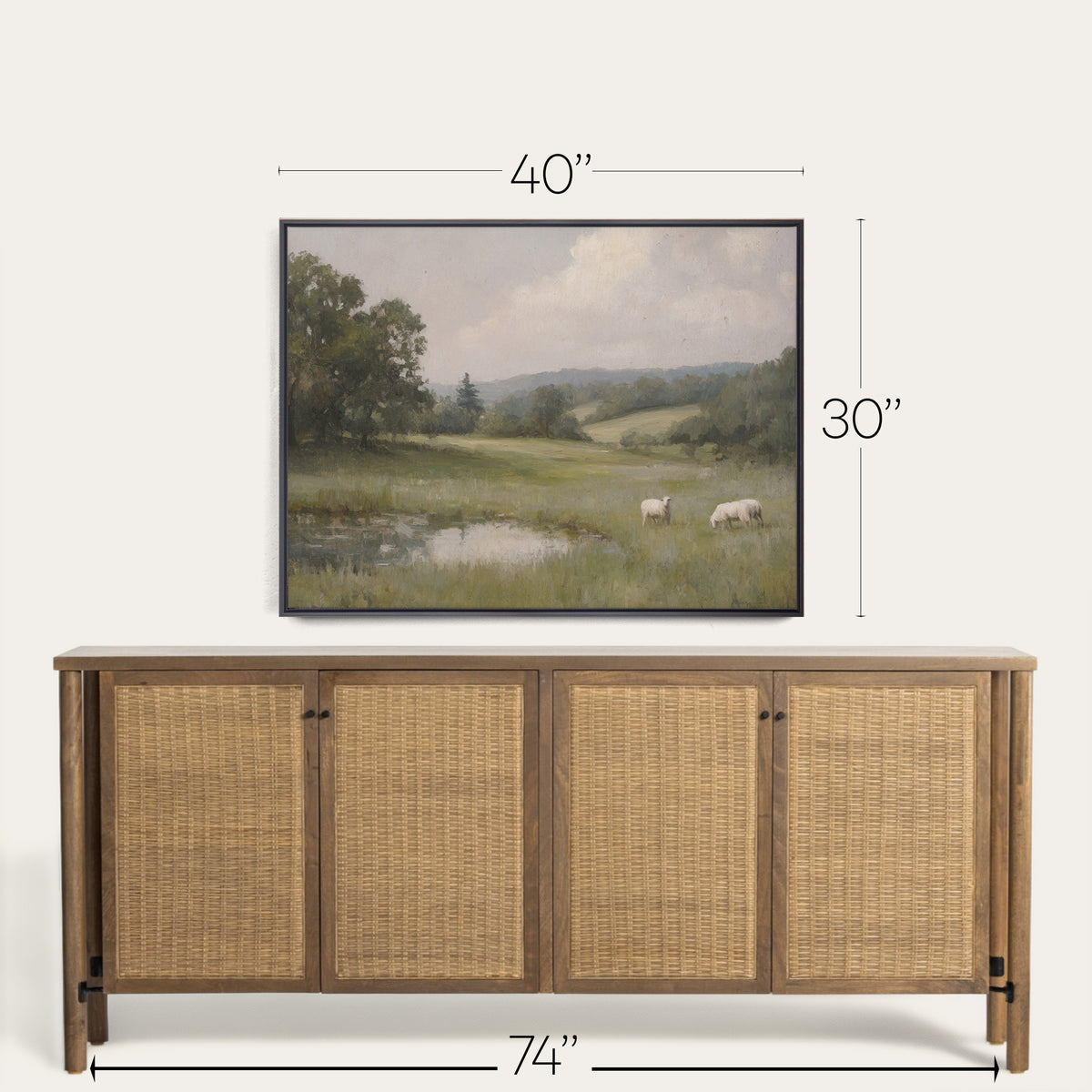 Framed landscape painting above a wooden sideboard with dimensions indicated. 