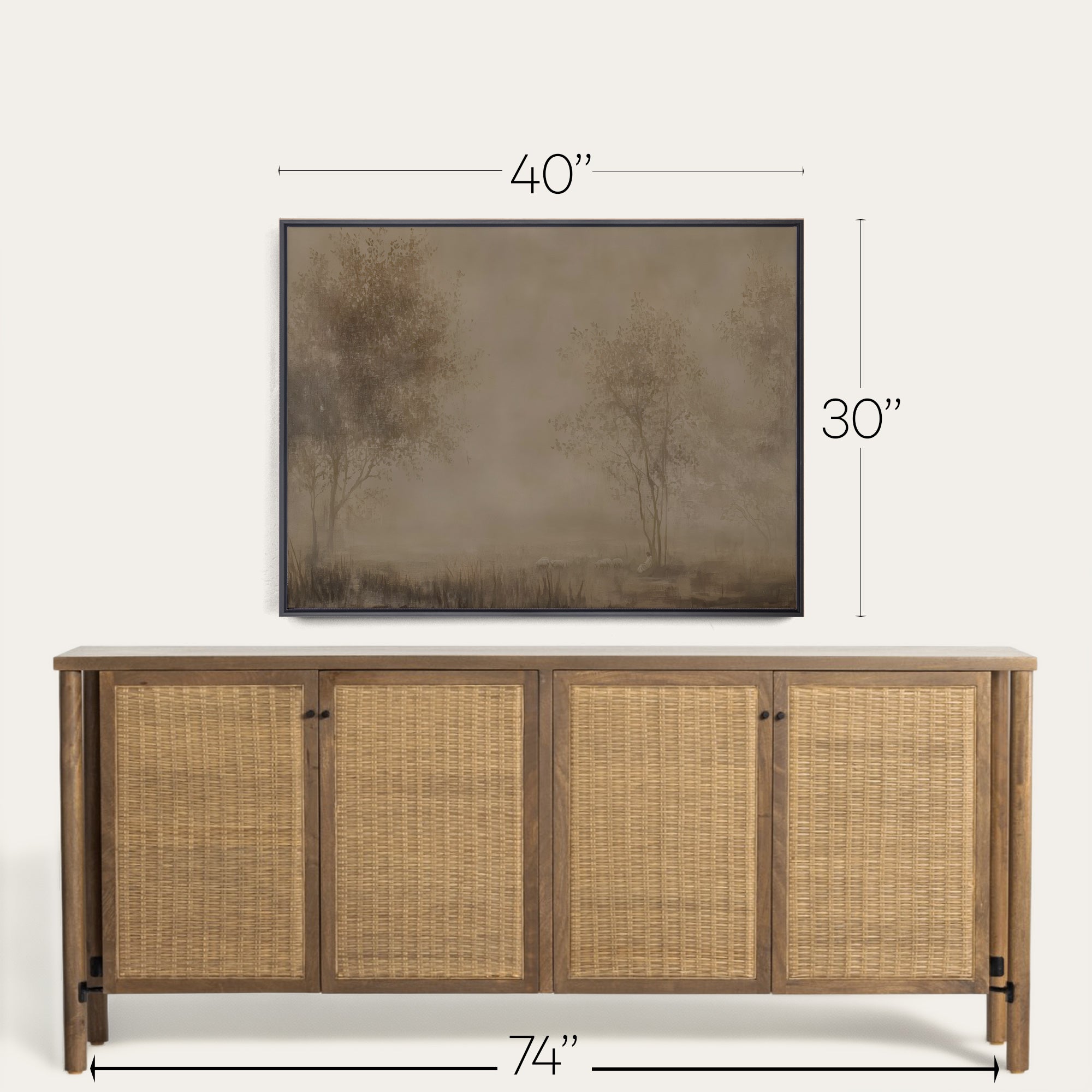 Wooden sideboard with wicker doors and dimensions displayed above a framed landscape painting. 