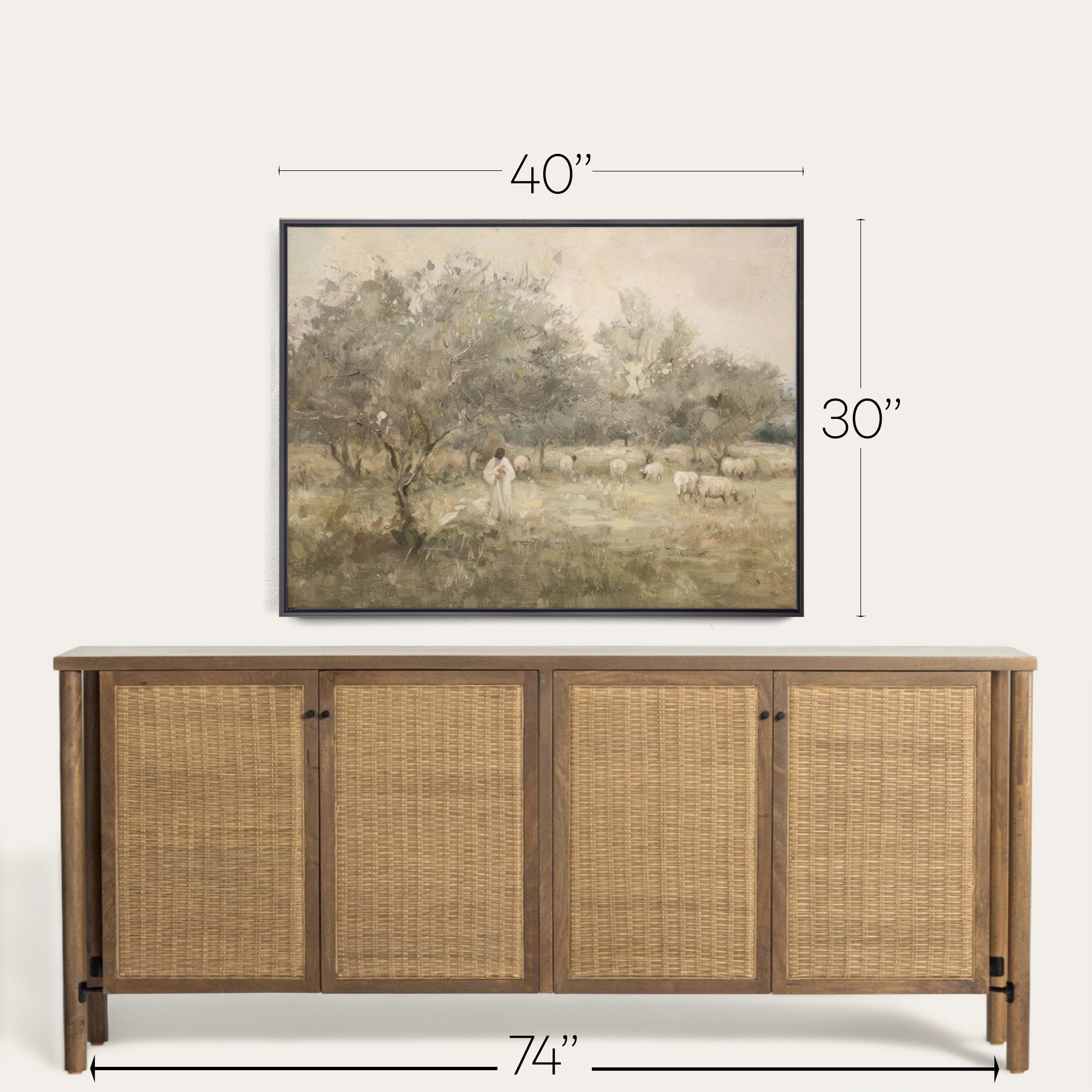 Wooden sideboard with wicker doors and framed landscape painting above it, with measurements indicated. 