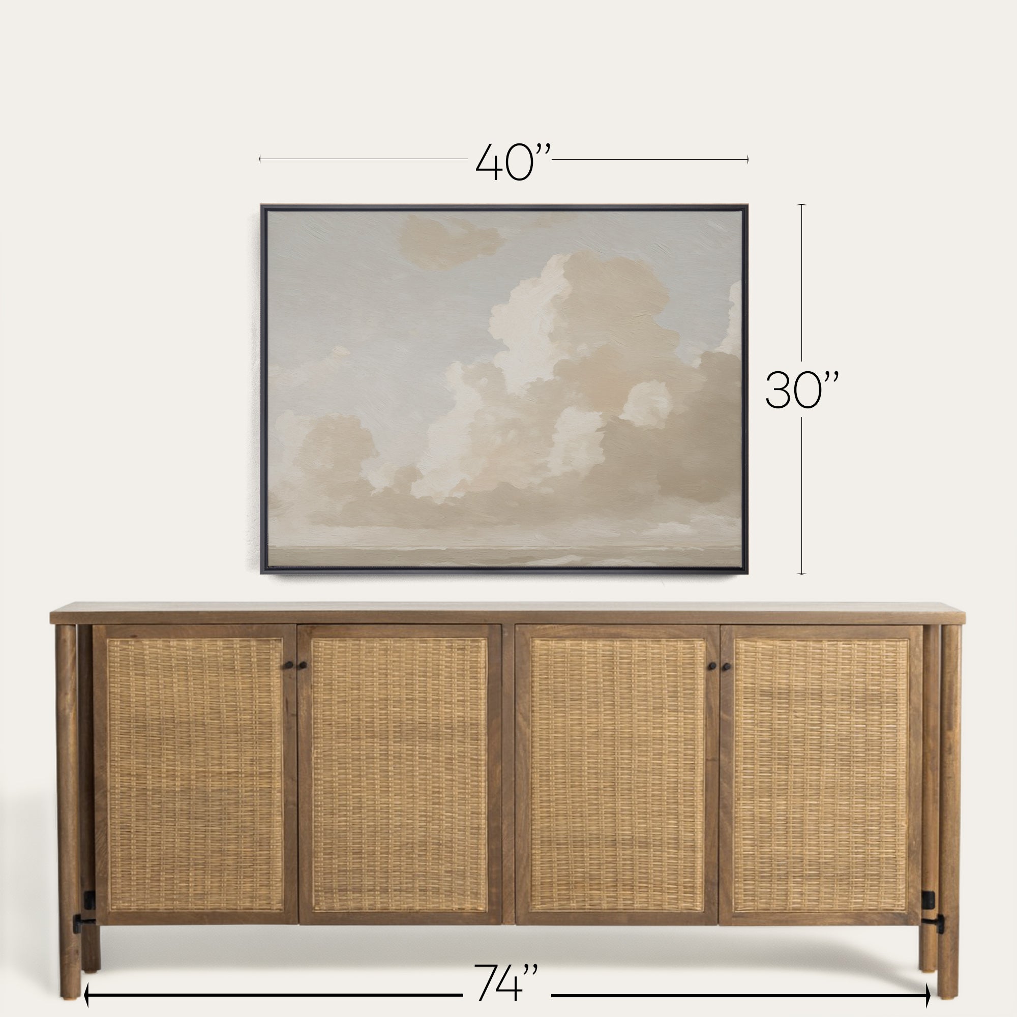 Wooden sideboard with rattan doors and framed artwork above, with dimensions indicated. 