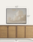 wooden sideboard with rattan doors and framed artwork above, with dimensions indicated. 
