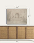 wooden sideboard with rattan doors and framed artwork above it, showing dimensions. 