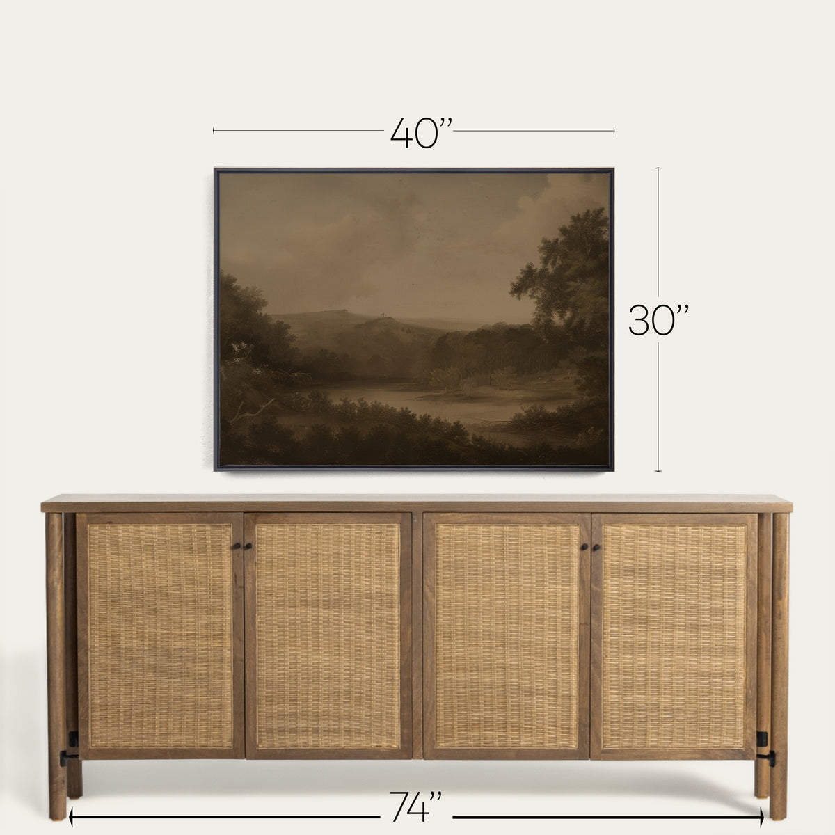 Wooden sideboard with wicker doors and a framed landscape painting above it, with dimensions indicated. 