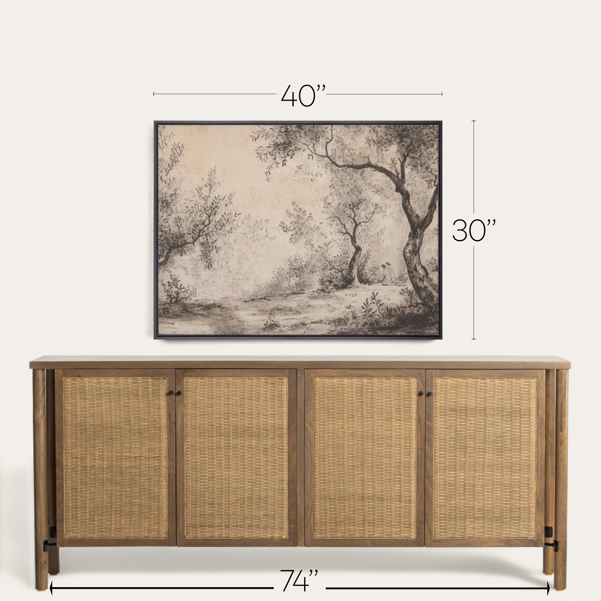 Wooden sideboard with rattan doors and framed artwork above it, with measurements indicated. 
