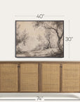 wooden sideboard with rattan doors and framed artwork above it, with measurements indicated. 