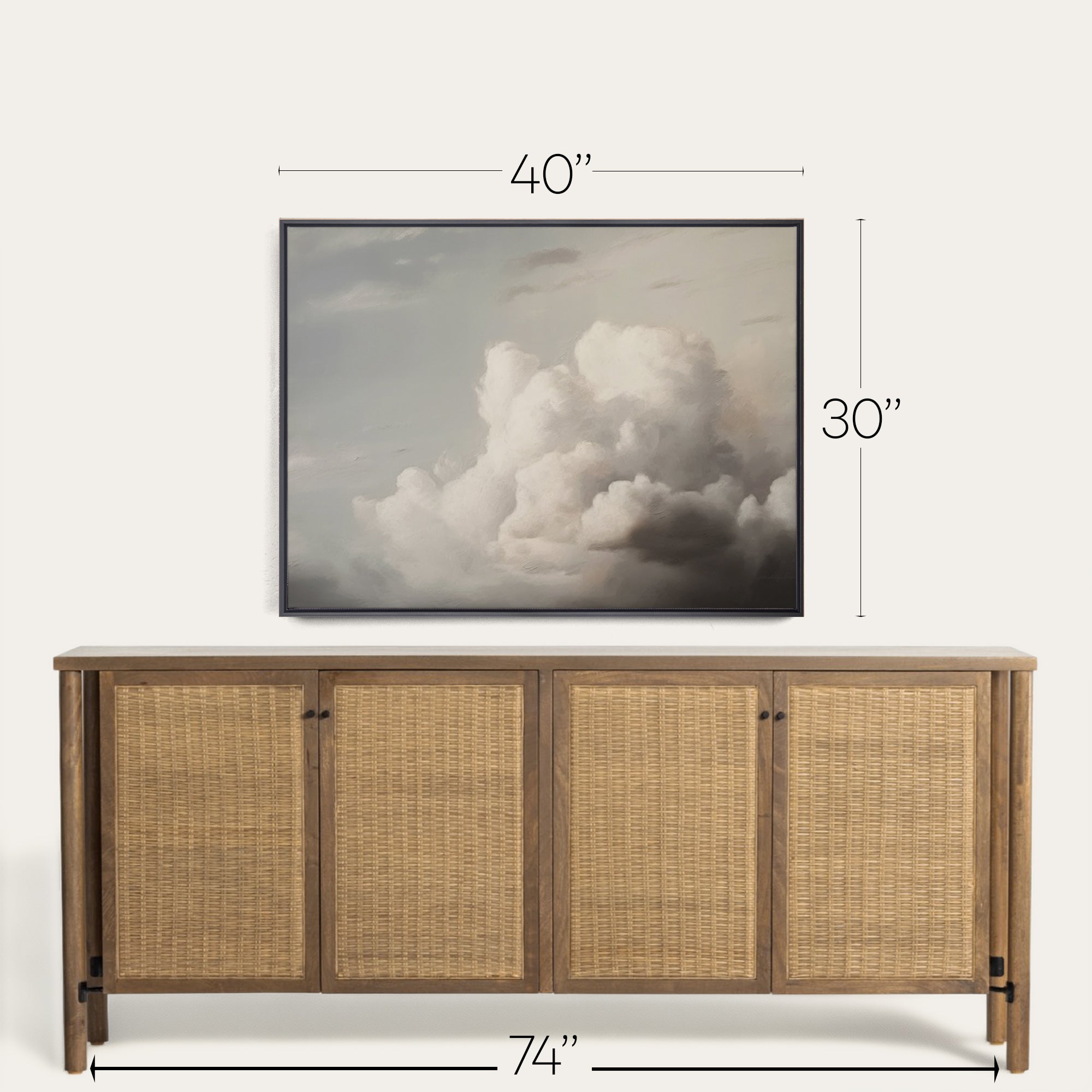 Wooden sideboard with wicker doors and framed artwork above it, showing dimensions. 