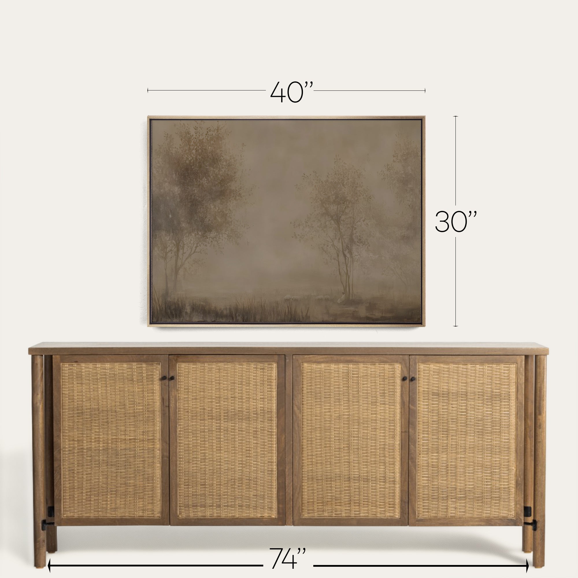 Wooden sideboard with wicker doors and a framed landscape painting above it, with dimensions indicated. 