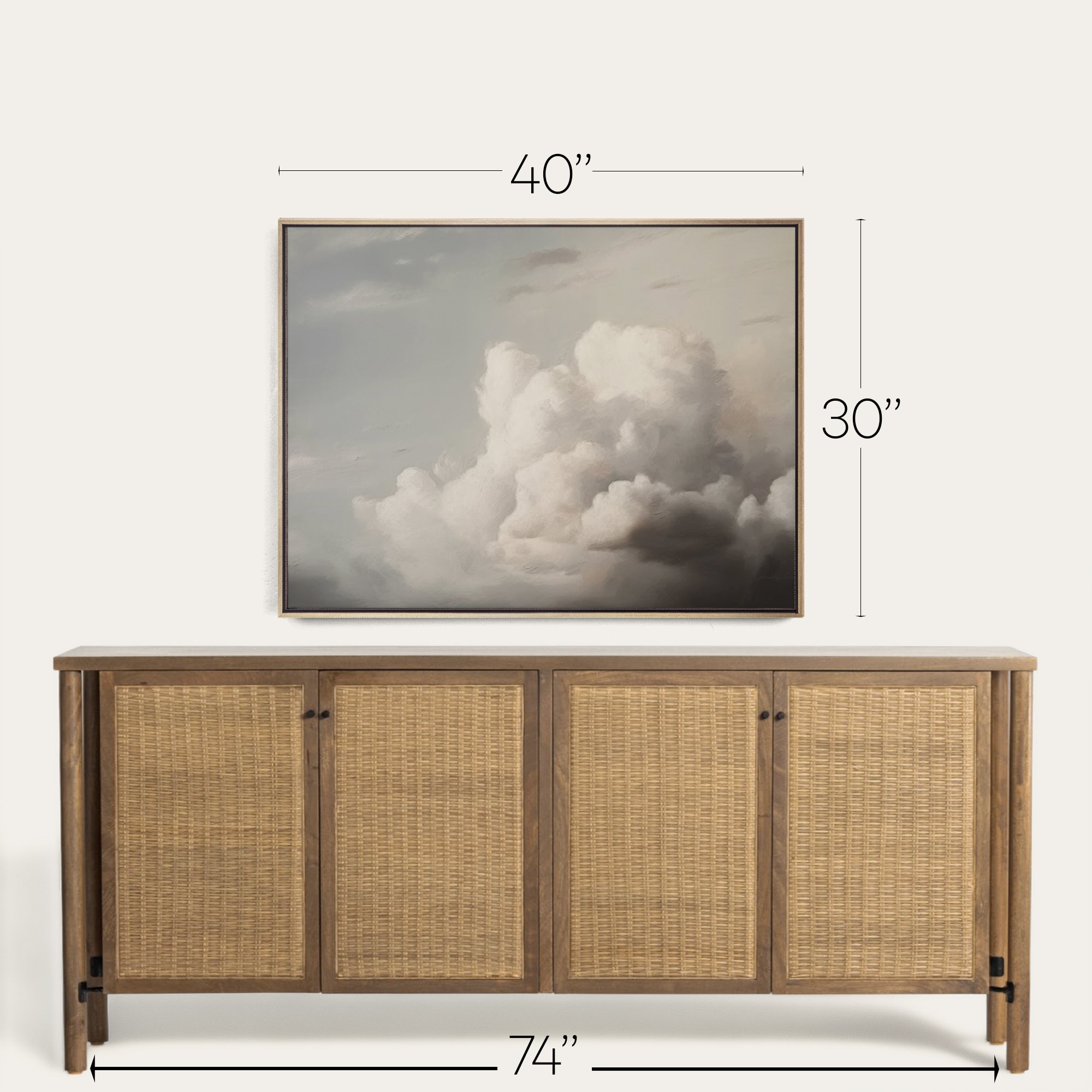 Wooden sideboard with wicker doors and framed artwork above it, showing dimensions. 