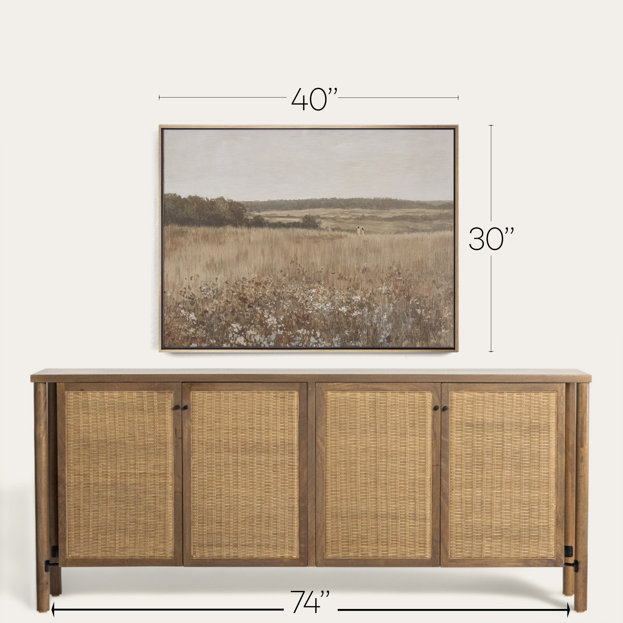 Wooden sideboard with wicker doors and a framed landscape print above it, with dimensions displayed. 