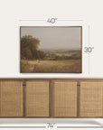 wooden sideboard with wicker doors and a framed landscape picture above it, with dimensions indicated. 