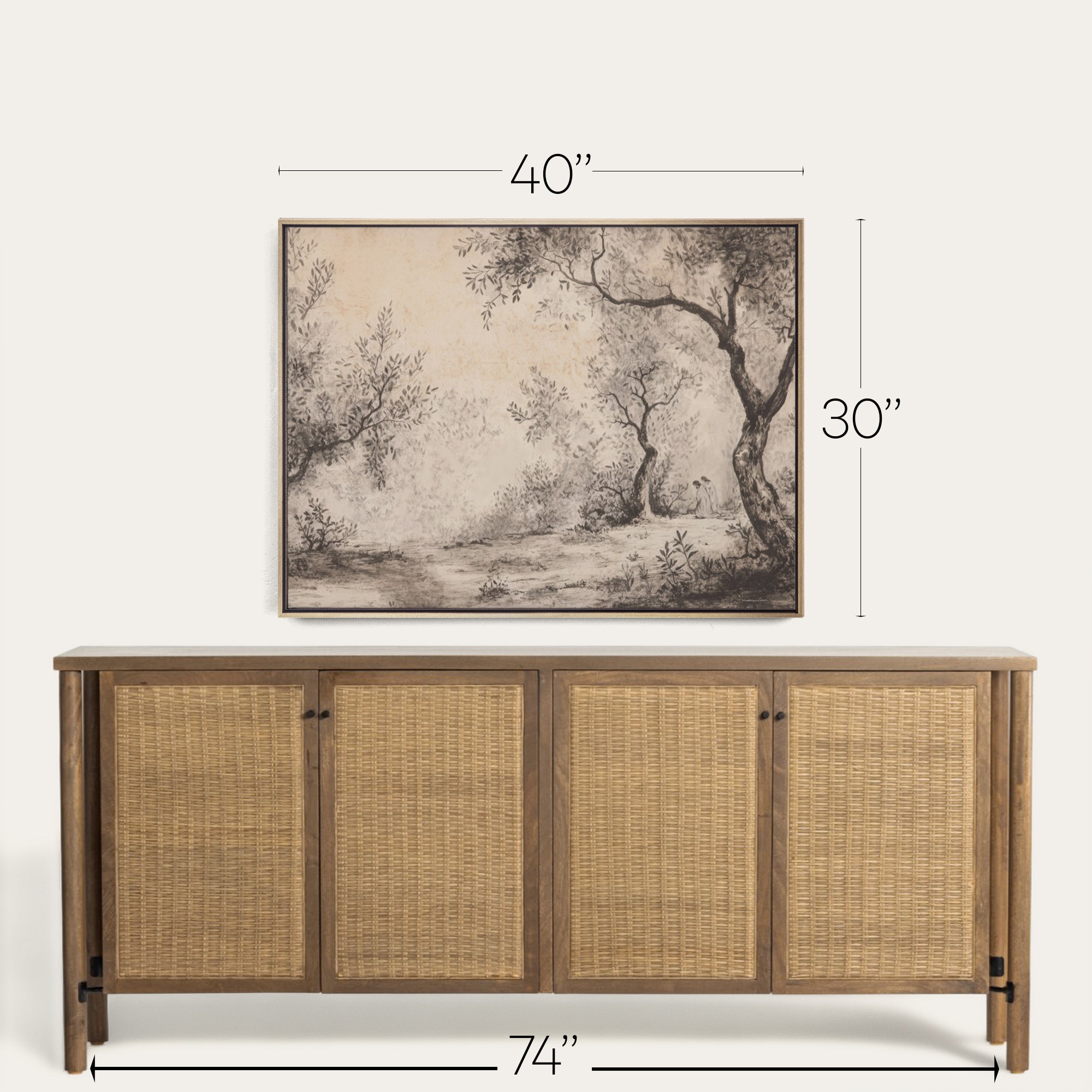 Wooden sideboard with wicker doors and a framed landscape painting above it, with dimensions displayed. 