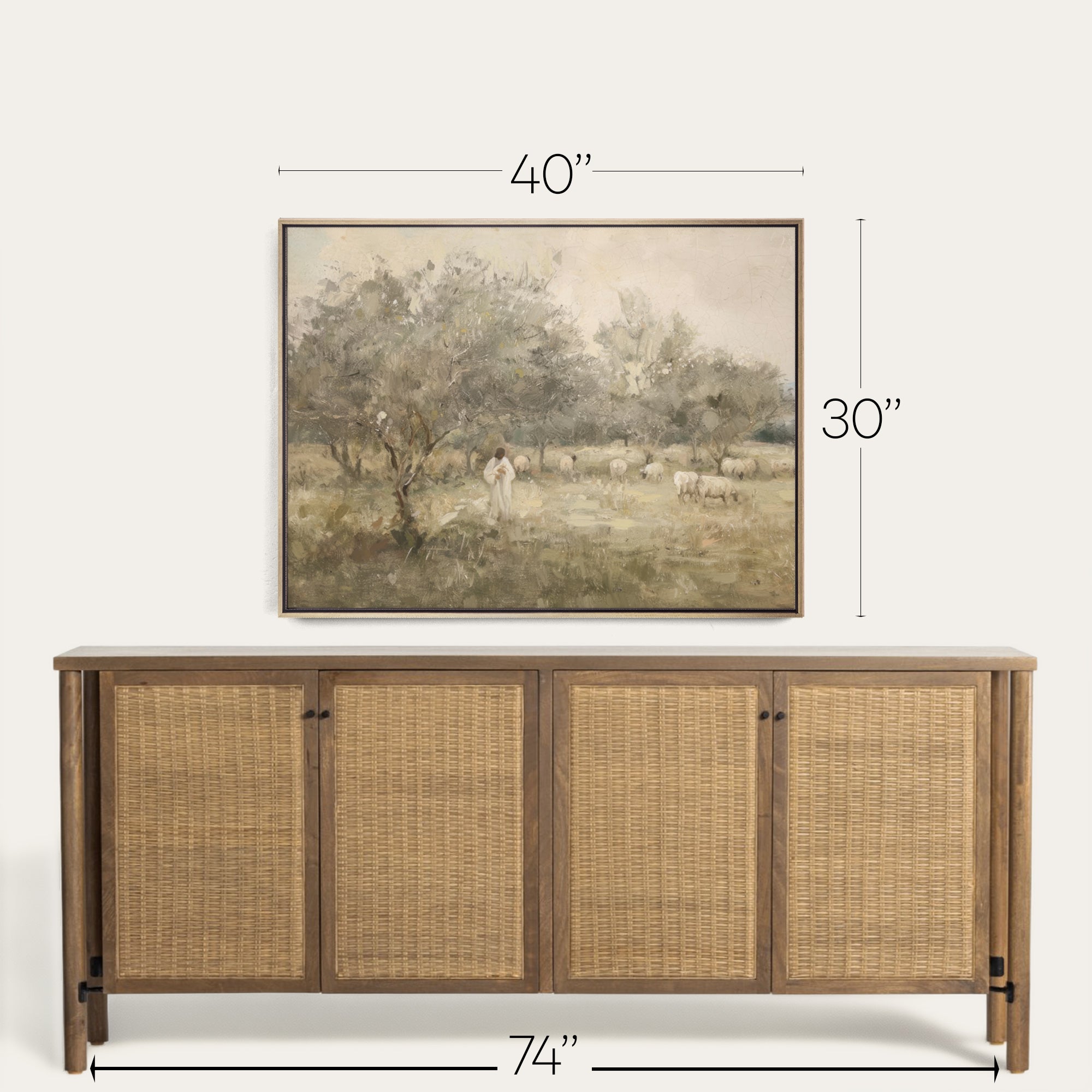 Framed landscape painting above a wooden sideboard with dimensions indicated. 