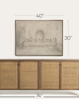 wooden sideboard with rattan doors and framed artwork above on a white background 