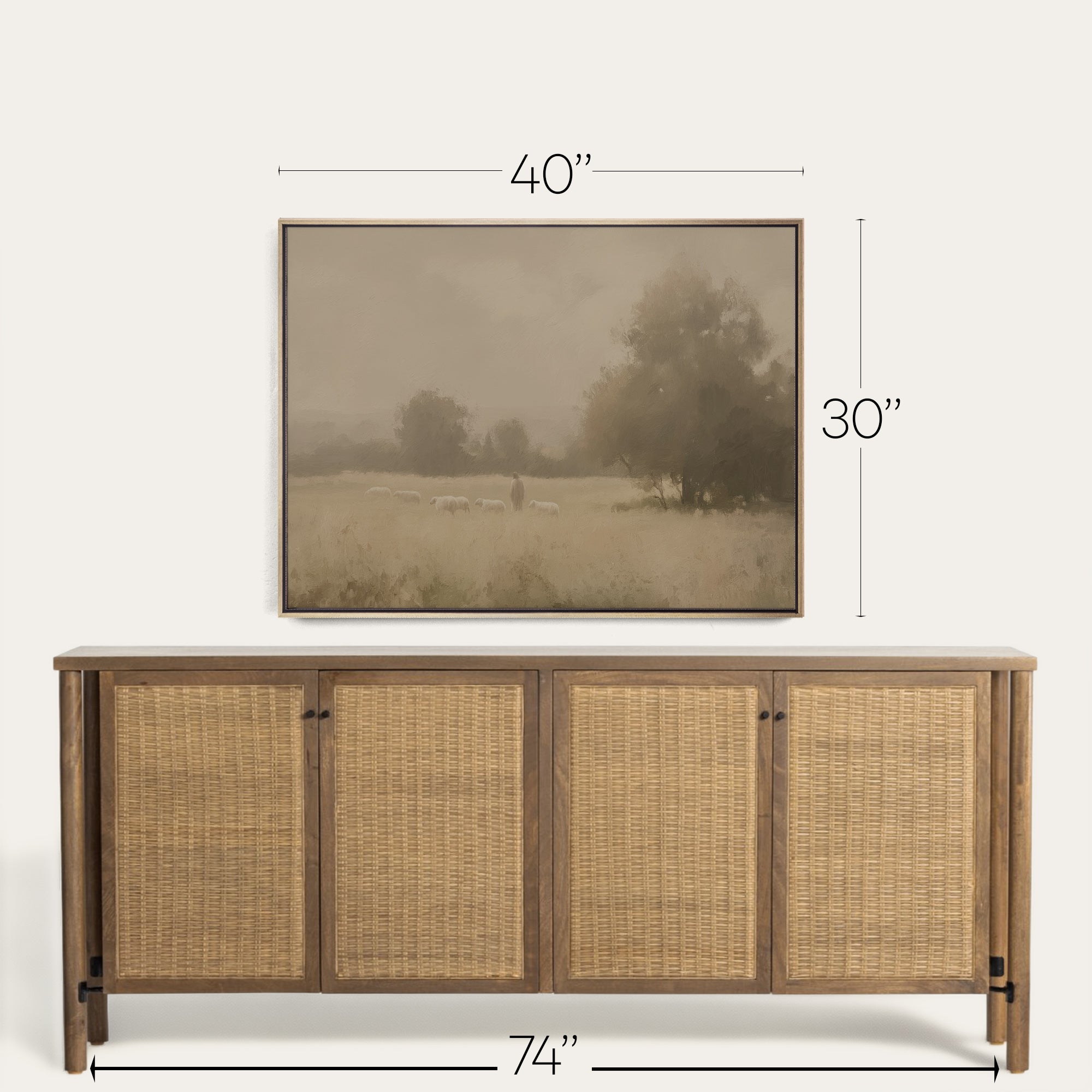 Framed artwork above a wooden sideboard with dimensions indicated. 
