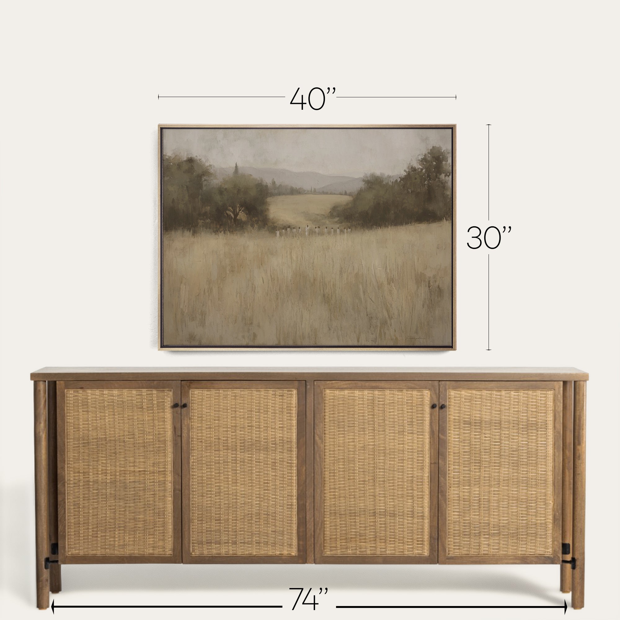 Wooden sideboard with rattan doors and a framed landscape painting above it, with dimensions indicated. 