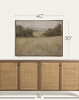 wooden sideboard with rattan doors and a framed landscape painting above it, with dimensions indicated. 