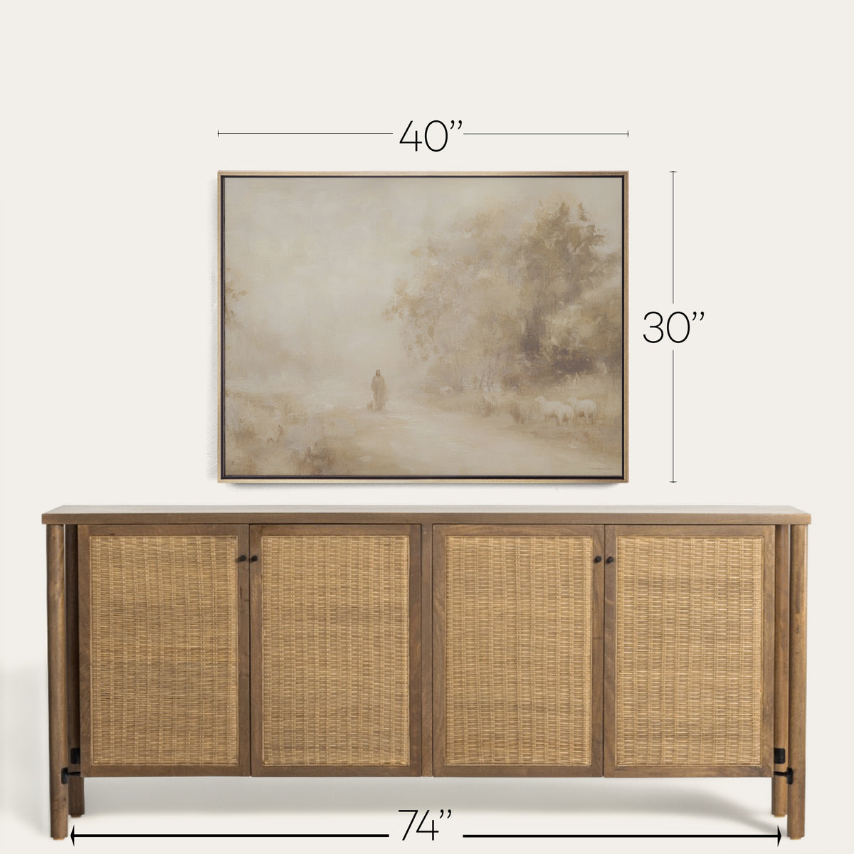 Wooden sideboard with wicker doors and a framed painting above it, with dimensions displayed. 