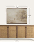wooden sideboard with wicker doors and a framed painting above it, with dimensions displayed. 