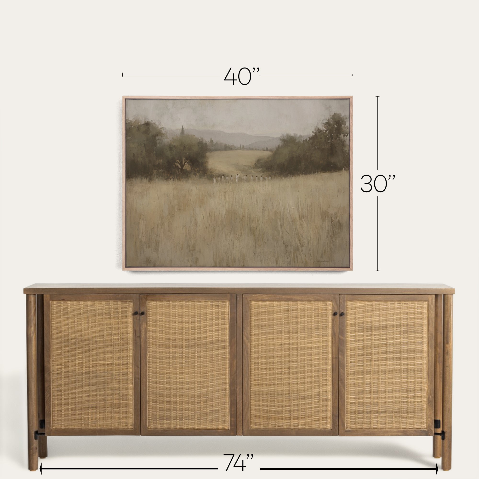 Wooden sideboard with wicker doors and a framed landscape painting above it, with dimensions indicated. 