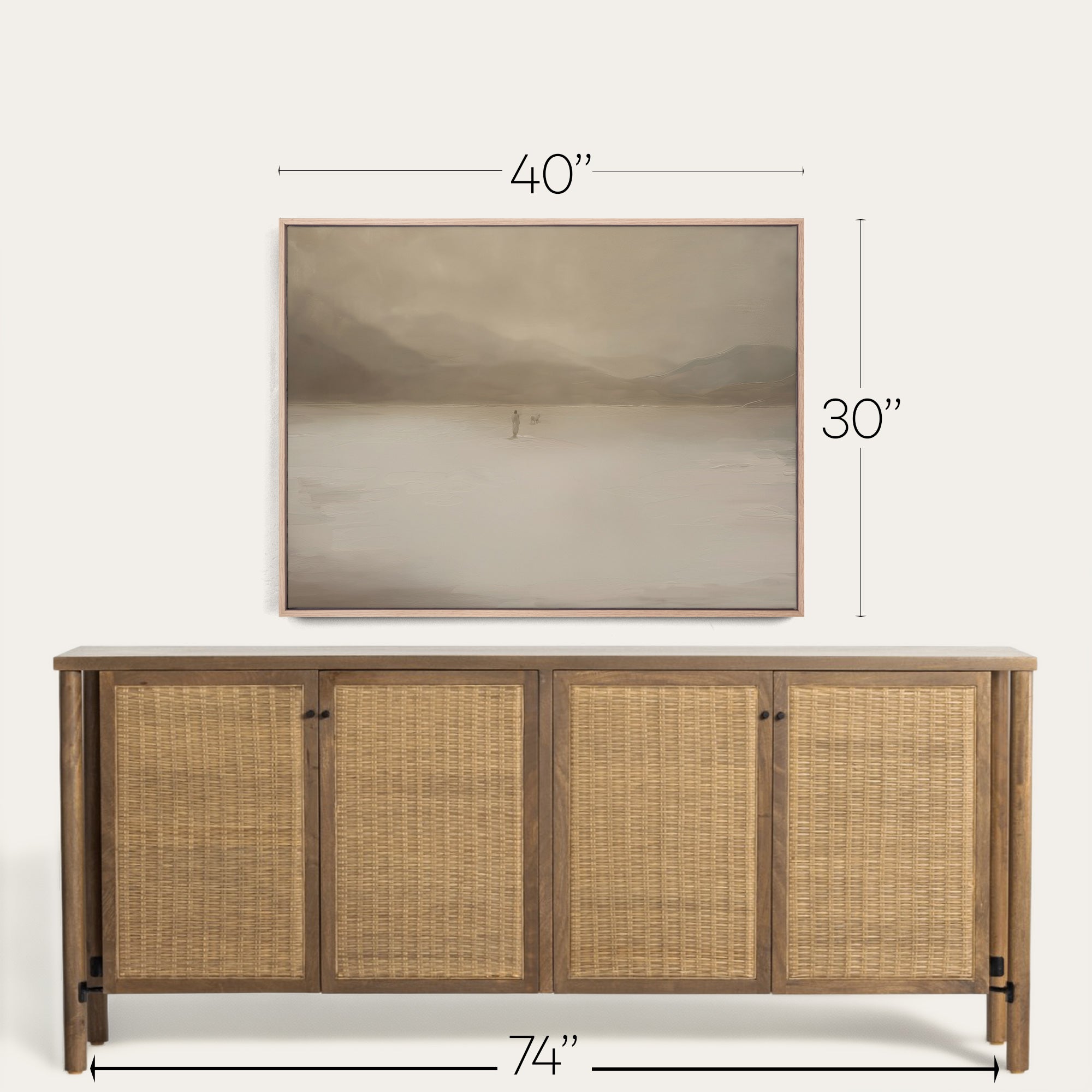 Wooden sideboard with wicker doors and mounted television displaying a mountain scene, with dimensions indicated. 